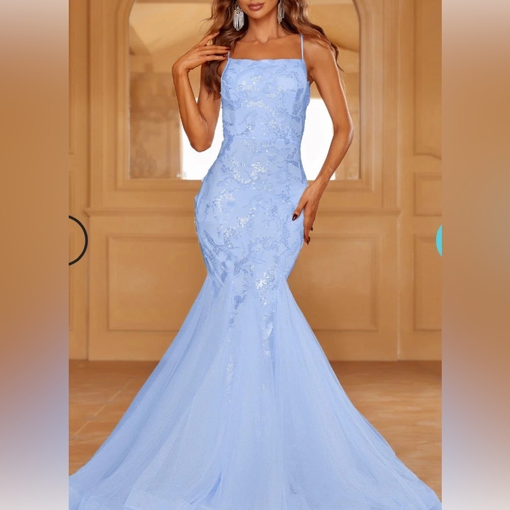Spaghetti Strap Lace Up Backless Sequin Mermaid Dresses - Picture 4 of 4